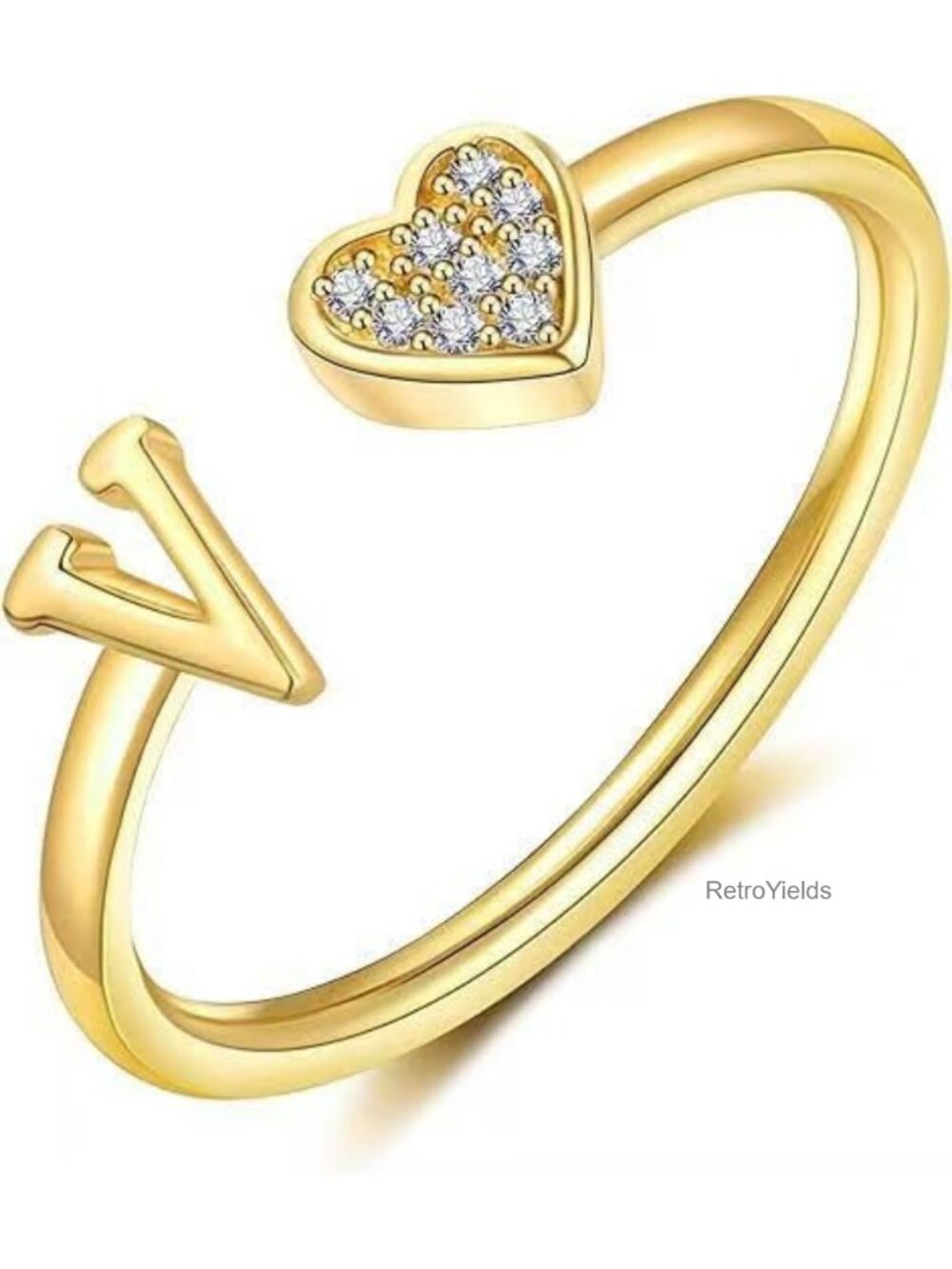 14K Gold Plated Adjustable Initial Ring Cubic Zirconia Stackable